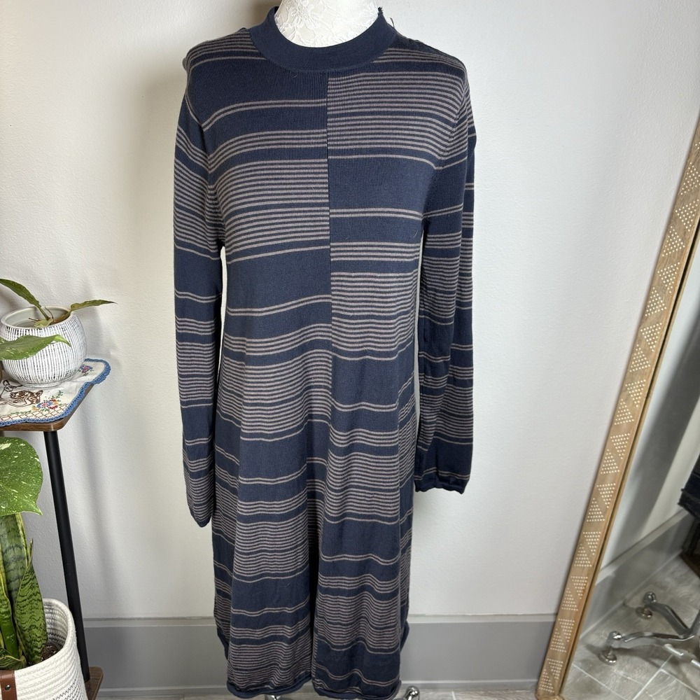 Garnet Hill Womens L FLAWED Navy Taupe Striped Sweater Dress Merino Wool